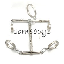 Stainless Steel Metal Neck Collar Handcuffs Ankle Cuffs BDSM Bondage Set For Man