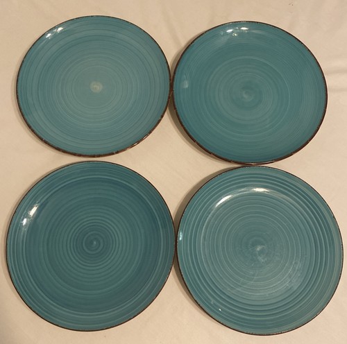 Royal Norfolk Set of 4 Stoneware Dinner Plates 10-1/2 inch Turquoise and Brown - Picture 1 of 11