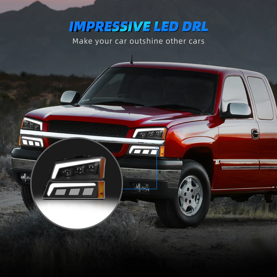 Black Projector Headlights + Bumper Lamps w/ LED DRL for 03-06 Chevy Silverado - Image 3 of 4