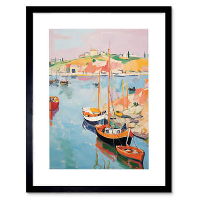Boote im Hafen Fischerdorf Küstenlandschaft abstrakter gerahmter Druck 12 x 16
