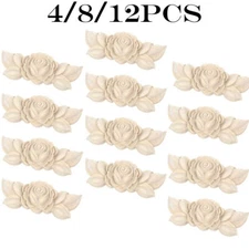 4/8/12Pcs Unpainted Wood Carved Flower Onlay Furniture Applique Decal Figurine