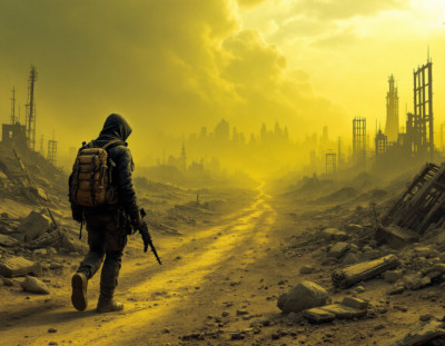A Lone Wanderer Wanders a Destroyed City Under a Yellow Sky Poster Print 18 x 24