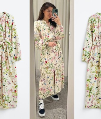 maxi shirt dress h&m H&M 2023 Cream Ivory Floral Linen Blend Midi Maxi Shirt Dress Size S 8 10  12