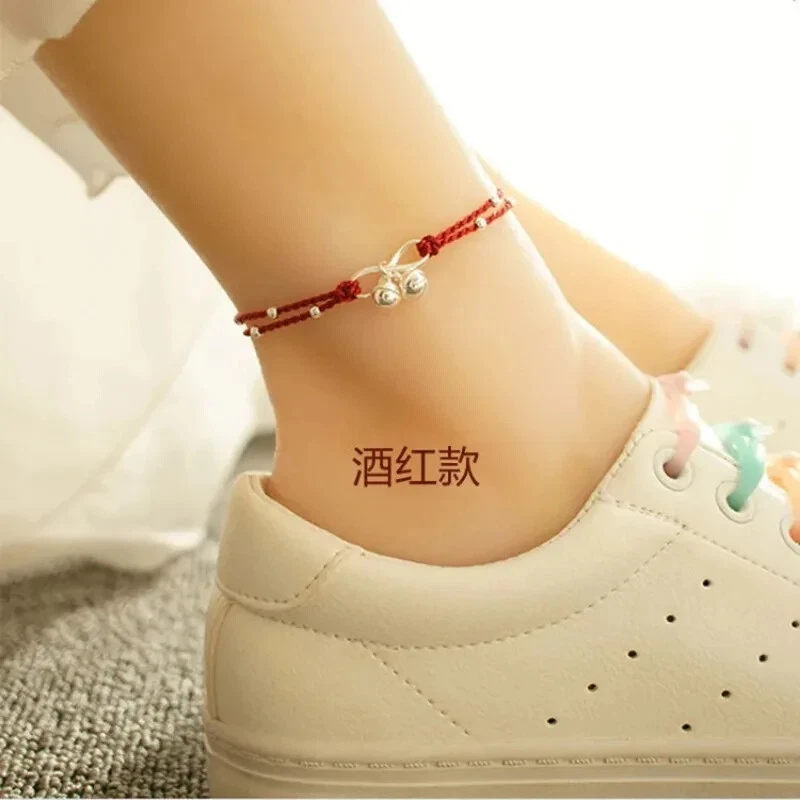 Tobillera campana cuerda roja tejida a mano estilo étnico para mujer joyería coreana de verano Foto 4 de 4