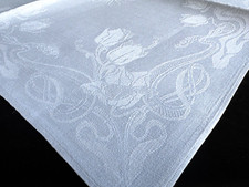 Jugendstil 2 x weisse Leinen Damast Tafelserviette verschlungene Tulpen um 1900
