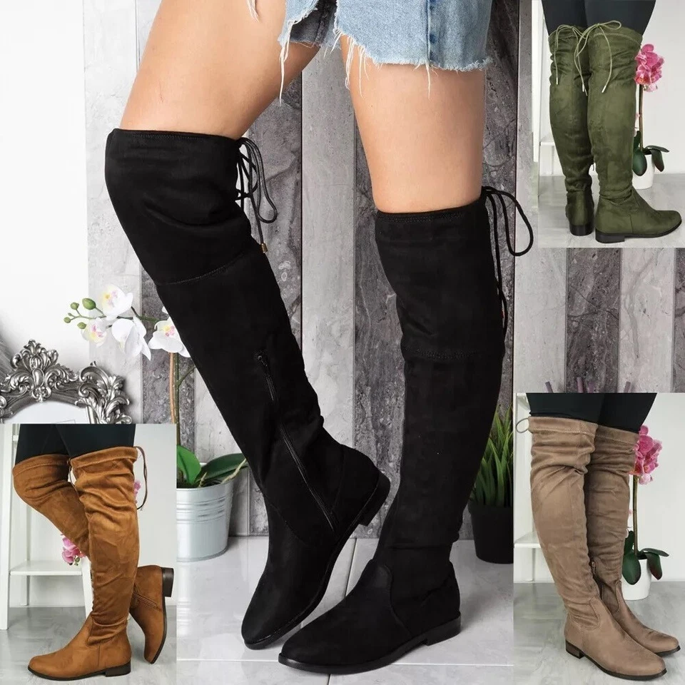 SHOE TRAP Ladies Thigh High Boots Womens Lace Up Flats Slouch Over The Knee Fashion Shoes
