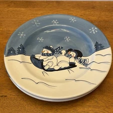 Canterbury Pottery Snow Valley 10 3/4" Dinner Plate Stoneware Snowman Set of 4