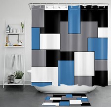 Blue Geometric Pattern Black White Shower Curtain Set for Bathroom Decor