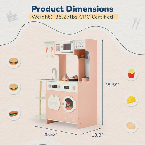 Wooden Kids Play Kitchen Set, Cooking Pretend Play Set, Pink - Picture 2 of 5