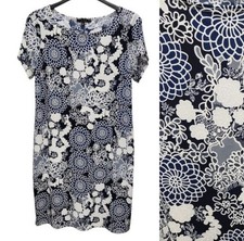 Tiana B Shift Dress Womens 14W Blue White Textured Floral Made In USA Office 