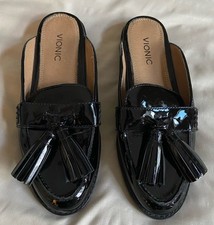 Women  s Vionic Reagan Black Patent Leather/Tassel Slip-on Mules Shoes - Size 5