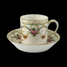 French Hand Painted Demitasse Cup & Saucer Pink Roses, Blue & Gold c1810