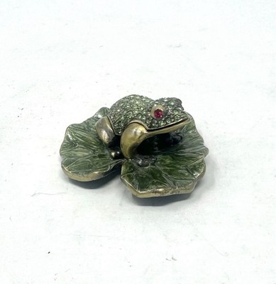 Green Rhinestone Frog Trinket Box On Lily Pad Metal With Enamel Small