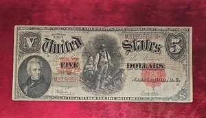 1907 $5 United States Note Wood Chopper Net Very Good Pin Holes