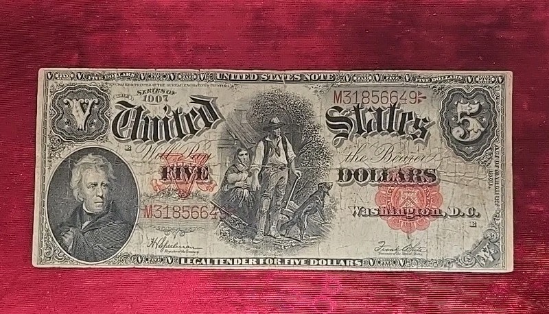 1907 $5 United States Note Wood Chopper Net Very Good Pin Holes