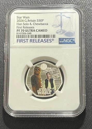 Great Britain 2024 50 Pence Silver Coin: Han Solo/Chewbacca NGC PF70 Ultra Cameo