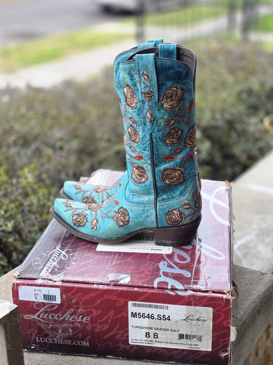 Lucchese M5646.S54 Turquoise Crater Calf Western Boots Floral