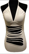 Women’s White Shredded Mini One Size Sleeveless Clubwear Halter Dress