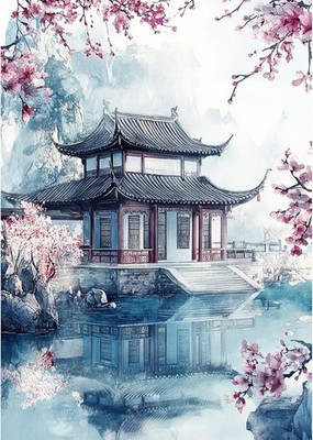 NEWENMO Chinesische Architektur Diamond Painting Erwachsene,DIY Pflaumenblüte 