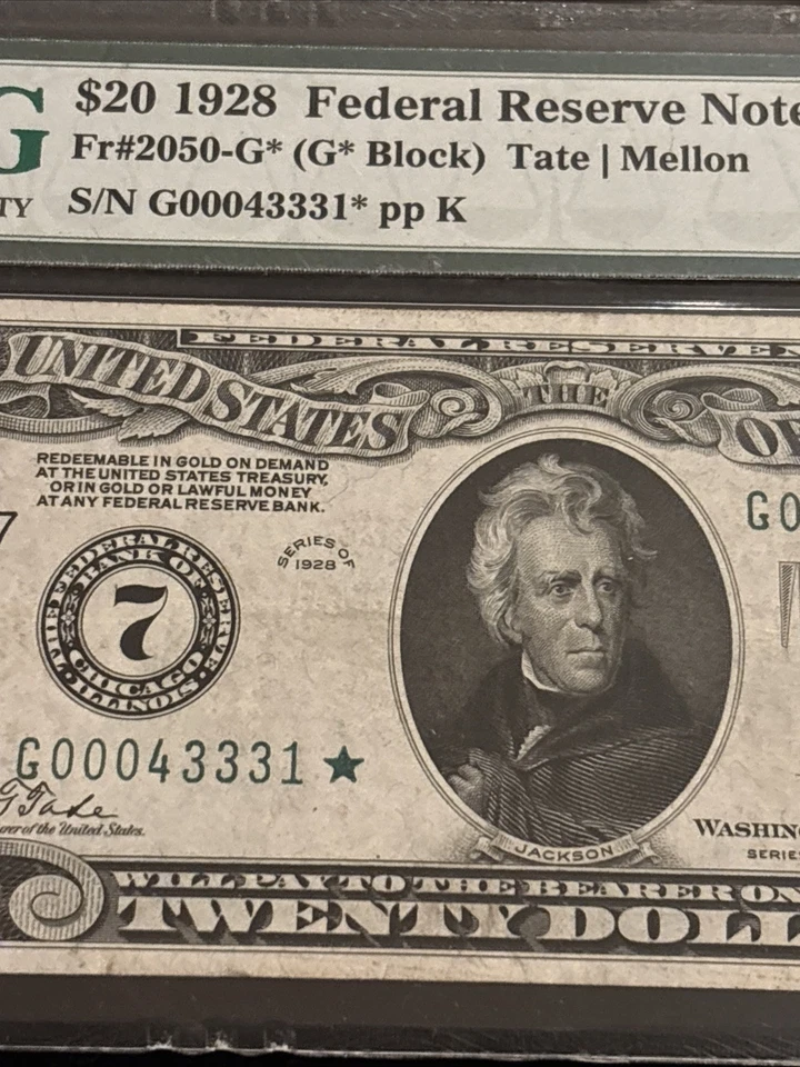 1928 $20 Star ⭐️ FRN Chicago (G*Block) STAR Fr. 2050-G* PMG 40 Tate/Mellon - Image 3 of 4