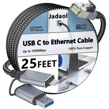 USB-C/USB-A to Ethernet Cable 25 ft, Built-in USB-A Adapter, Up to 1Gbps Giga...