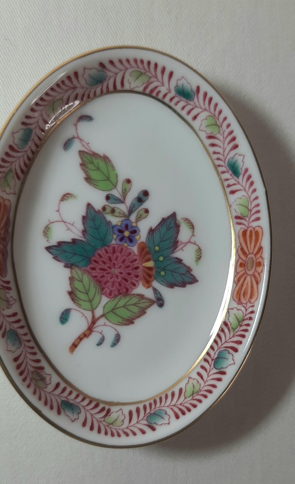 Herend Hungary Small Multicolor Flower Trinket Pin Dish  3” x 2-1/2” x 1/2” 