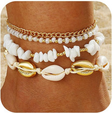 Shell Ankle Bracelet Set for Women, Gold Plated Boho Bead Adjustable Anklet, Haw