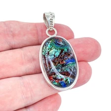 Vintage Sterling Silver 925 Dark Green Maroon Oval Dichroic Glass Pendant