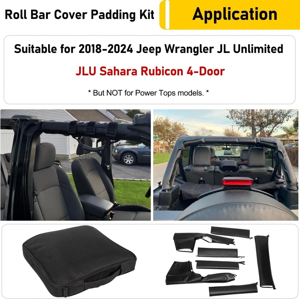 Roll Bar Cover Padding Leather For 2018-2024 Jeep Wrangler JLU Sahara Rubicon - Photo 2/4