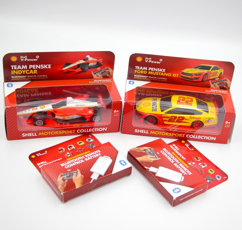 2 New Rare Limited Edition SHELL Racing Bluetooth remote control cars & battery