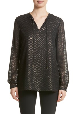 LAFAYETTE 148 New York Black Gold ELI Ikat Metallic Jacquard Blouse Top S = 4/6