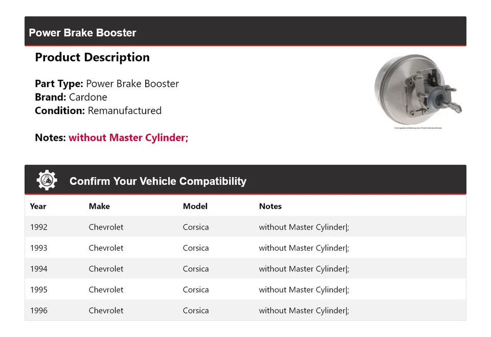 Para Chevrolet Córcega 1992-1996 Power Brake Booster Cardone 1993 1994 1995 Foto 2 de 4
