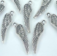 10 Angel Wings Charms Antique Silver Pewter Two Side Feather Pendant 26x7mm