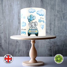 Baby Shower It's a Boy Elephant Car Blue Watercolour edible topper ICING/WAFER