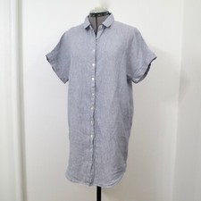 Tahari 100% Linen Button Down Seersucker Blue Stripe Shirt Dress Coverup size S