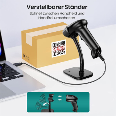 1D/2D-QR-Code-Barcode-Scanner mit Ständer, USB-Handheld-Leser für PC und iPhone