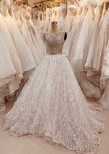 Simple and elegant lace a-line wedding dress with beaded crystals bodice
