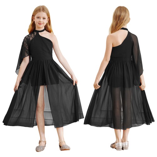 Girls Chiffon Dress Asymmetrical Lace Sleeve Romper Party Wedding Pageant Prom - Picture 24 of 54