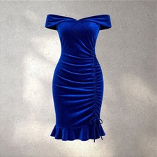 Shein SXY Sparkly Velvet Bodycon Dress Women's 2 Blue Off Shoulder Evening Party
