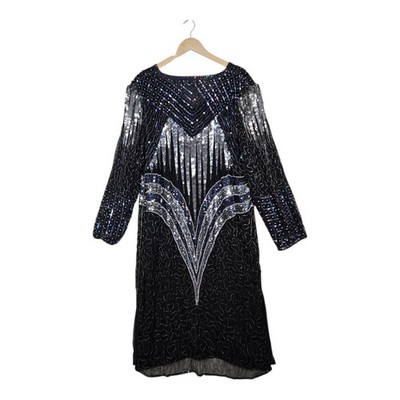 Vintage Carina Silk Beaded Dress 2X Black Art Deco Style Sequin Evening Glam