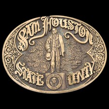 Sam Houston State University Solid Brass Vintage Belt Buckle by ADM [ca. 1980s]