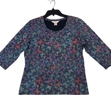 Christopher & Banks Petite Large Top Floral Butterfly Print Black Multi Color