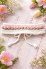 Handmade Crochet Tulip Headband Floral Cottagecore Tie-Back Hair Band Pink Sage