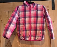 North Face Jacket Girls M 10/12 Pink Hooded Down Puffer Plaid Lined Winter