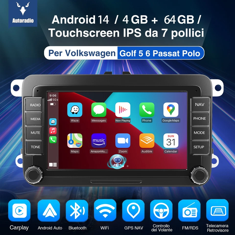 Android 14 Autoradio Carplay +Camera Navi RDS Per VW GOLF 5 6 Plus Passat Touran - Immagine 2 di 4