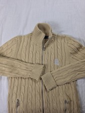 Lauren Ralph Lauren Sweater Womens S Beige Cable-Knit Full Zip Mock Neck Pockets