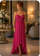 Davids Bridal Fuchsia Pink High Low Chiffon Sequin Formal Gown F12639 Size 10