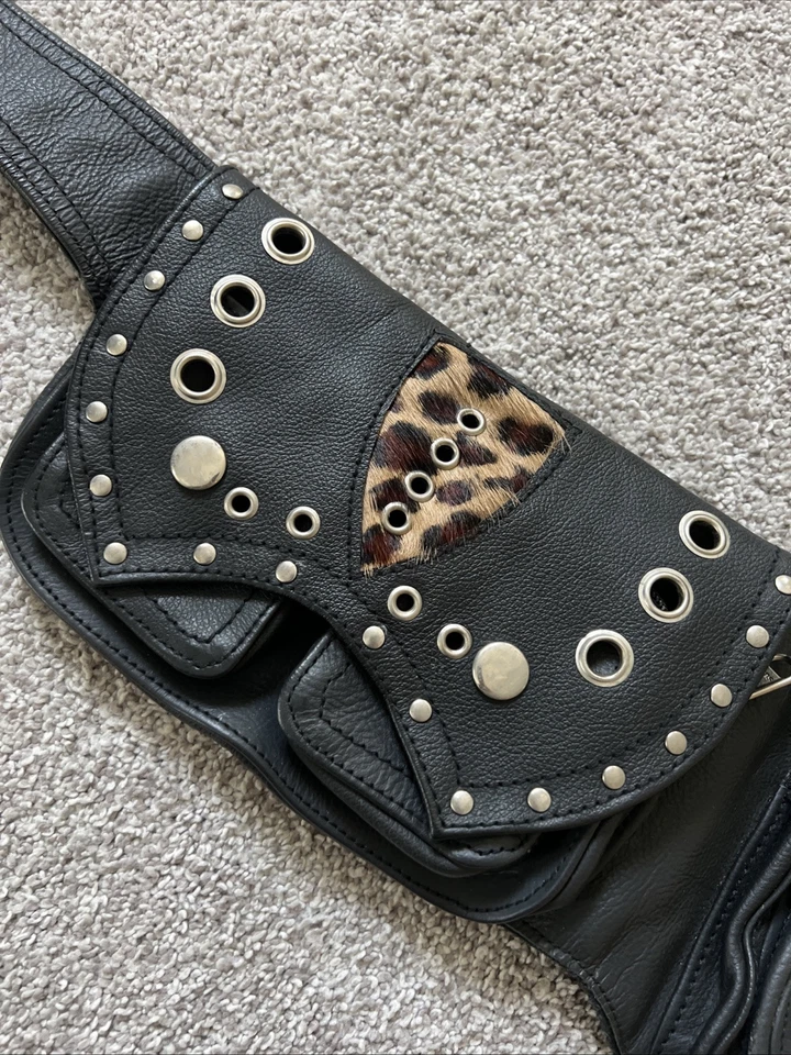 Bolso Cinturón Cuero Motociclista Cartera Leopardo Negro Cremallera Cintura Motocicleta Pequeño S 33" Foto 2 de 4