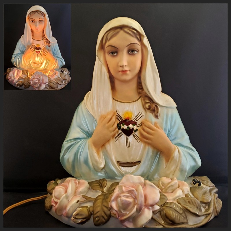 Vintage Michigan Composition Chalkware Virgin Mary Sacred Heart Lamp 1957