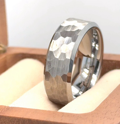 Hammered Brushed Design Band 8mm Silver Tungsten Valentine Ring For His-Her